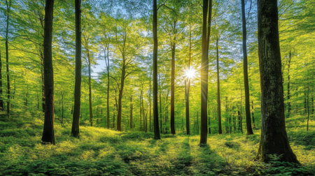 A serene forest scene with sunlight filtering through vibrant trees, creating a peaceful and inviting atmosphere. Perfect for nature lovers and outdoor enthusiasts.の素材
