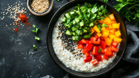 A vibrant vegetable bowl featuring fresh ingredients like cucumber, bell peppers, and parsley, perfect for healthy meals or cooking inspiration.の素材
