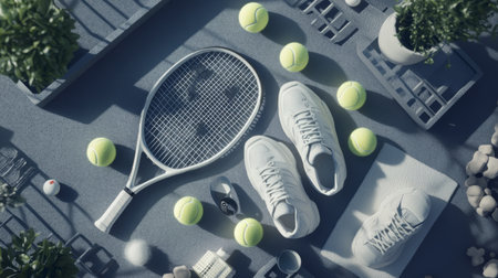 An overhead view of tennis equipment featuring a racket, shoes, and balls. Ideal for concepts related to sports, fitness, and outdoor activities.の素材