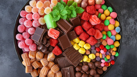 A vibrant assortment of colorful candies and sweets arranged meticulously on a plate, perfect for celebrations, parties, or delightful treats.の素材