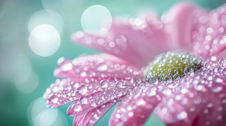 A beautiful close-up of a pink flower adorned with sparkling dew drops. This vibrant image captures the delicate nature of blossoms in a serene, soft background.の素材