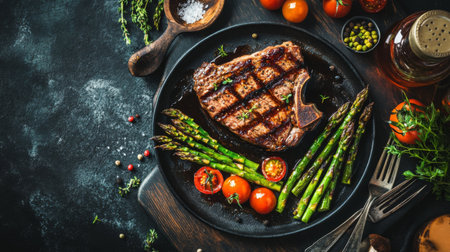A beautifully plated grilled steak accompanied by fresh asparagus and tomatoes. This vibrant meal showcases a perfect blend of flavors and colors.の素材