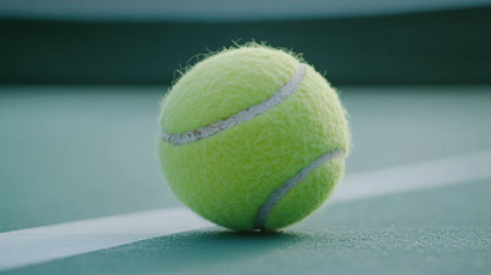 A bright yellow tennis ball rests on a green court surface, highlighting the texture and vibrant color that embodies the spirit of the game. Perfect for sports-related visuals.の素材