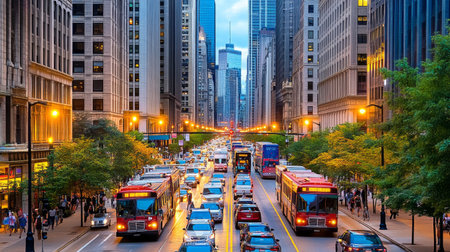 A lively urban street scene featuring buses amid tall skyscrapers. The vibrant city lights illuminate the evening, showcasing a bustling atmosphere.の素材