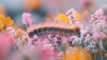A vibrant caterpillar rests amidst a colorful meadow filled with delicate flowers. This macro shot captures the essence of nature's beauty and biodiversity.の素材
