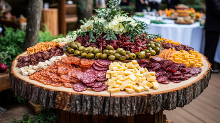 A visually stunning gourmet charcuterie spread featuring a variety of cheeses, meats, and olives arranged elegantly on a rustic wooden table, perfect for outdoor events.の素材