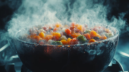 A pot filled with colorful vegetables steaming on the stovetop. This image captures the essence of healthy cooking, showcasing vibrant colors and fresh ingredients.の素材
