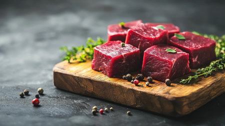 Juicy raw meat cuts presented on a wooden board with herbs, highlighting the freshness and quality. Perfect for culinary creations and food photography.の素材