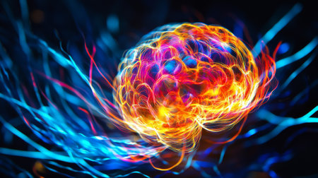 This abstract image depicts a colorful brain intertwined with energetic light, symbolizing creativity and thought flow in a vibrant digital style.の素材