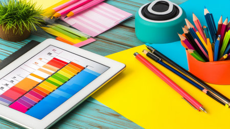 A vibrant workspace featuring colorful office supplies, a tablet displaying a color chart, and various stationery items arranged on a wooden desk. Ideal for creative projects and planning.の素材