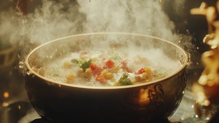 A vibrant bowl of steaming soup with fresh vegetables simmers beautifully, showcasing the warmth and allure of home-cooked cuisine.の素材