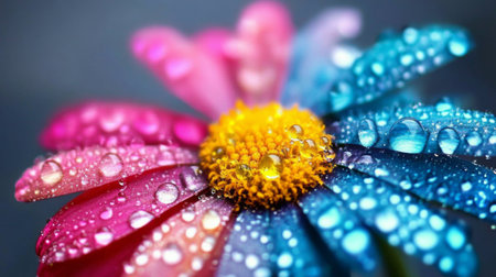 A stunning close-up of a colorful flower with droplets of water on its petals, showcasing the beauty of nature in vivid detail and vibrant hues.の素材