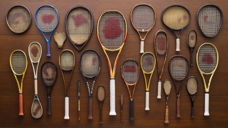 A captivating display of vintage tennis rackets arranged on a wooden background, showcasing the history and charm of this beloved sport. Perfect for sports enthusiasts and decor lovers.の素材