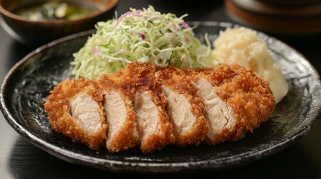 A delightful plate of crispy fried chicken served with fresh cabbage salad and mashed potatoes. Perfect for a satisfying meal or special occasion.の素材