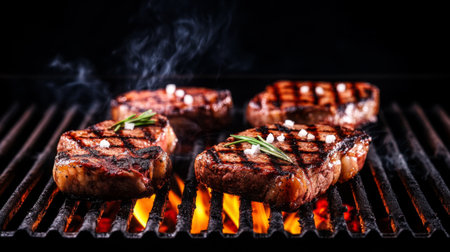Juicy steaks sizzling on a barbecue grill, surrounded by smoke and flame, perfect for a culinary feast or outdoor gathering, showcasing rich textures.の素材