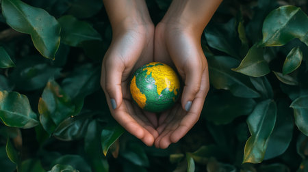 A pair of hands gently cradles a small globe, symbolizing care and harmony with nature, surrounded by lush green leaves, representing environmental consciousness.の素材
