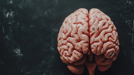 A detailed human brain model displayed on a dark background, perfect for educational purposes. Ideal for presentations on neuroscience and psychology.の素材