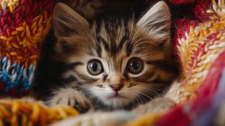 A charming young kitten peeks out from a vibrant blanket, showcasing its large, expressive eyes and soft fur. This cozy scene captures the innocence and curiosity of a playful pet.の素材