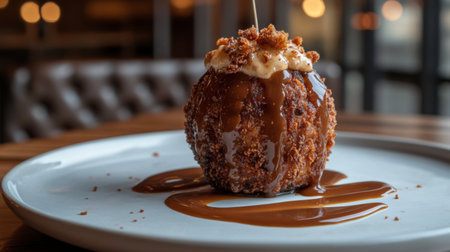 A stunning dessert featuring a crispy exterior, creamy topping, and rich caramel sauce. Perfect for food lovers and culinary enthusiasts seeking indulgence.の素材
