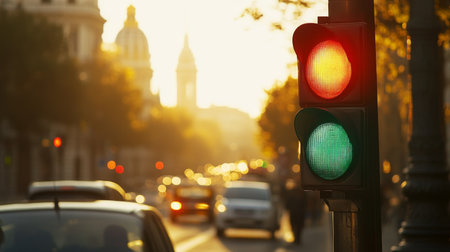 A stunning view of traffic lights glowing during sunset, capturing the vibrant energy of urban life. The scene depicts cars and city architecture in soft focus.の素材