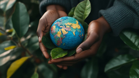 A pair of hands cradles a globe surrounded by fresh leaves, symbolizing the connection between humanity and the planet. Emphasizes care for nature and sustainability.の素材