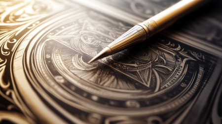 A luxurious pen rests on an intricately engraved surface, showcasing elegant craftsmanship. This close-up image highlights the artistic details and textures, perfect for themes of creativity and sophistication.の素材