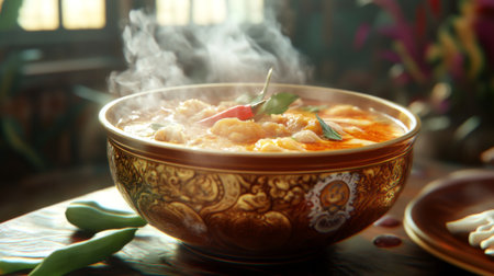 A cozy and inviting bowl of steaming Tom Yum soup, showcasing vibrant colors and fragrant ingredients. Perfect for a warm meal that delights the senses.の素材