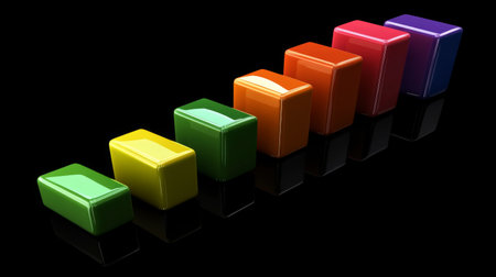 Colorful blocks arranged in a gradient pattern create an eye-catching visual on a sleek black surface. Ideal for design and creative projects.の素材