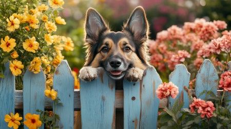 A delightful dog peeks over a blue wooden fence, surrounded by vibrant flowers. This charming portrait captures the joy of pets in a colorful outdoor garden setting.の素材