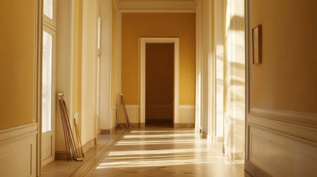 A tranquil hallway filled with natural light, showcasing elegant architectural details and warm yellow walls. Perfect for adding a serene touch to your project.の素材