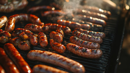 A vibrant scene of various sausages sizzling on a barbecue grill, surrounded by smoke, capturing the essence of outdoor cooking and summer gatherings.の素材