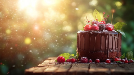 A stunning chocolate cake topped with fresh berries and mint, set against a dreamy background. Perfect for celebrations, this dessert is a true delight.の素材