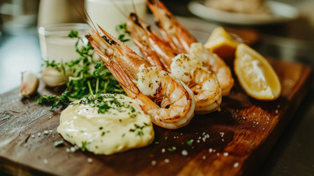 Indulge in this vibrant grilled shrimp plated with fresh lemon and herb sauce. Perfect for a gourmet dinner or a light summer meal, showcasing natural flavors.の素材