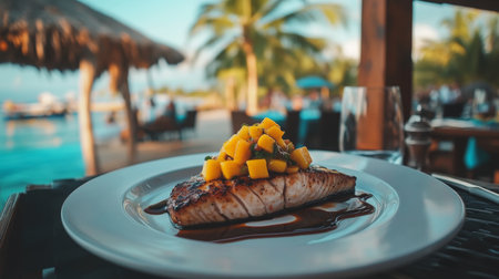 A beautifully presented grilled fish dish topped with mango salsa, set against a vibrant poolside backdrop, perfect for a tropical dining experience.の素材