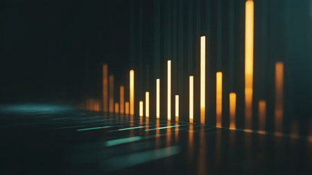 This abstract image represents a dynamic financial data visualization with illuminated bars illustrating growth and trends in a modern digital format.の素材