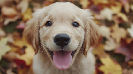 This adorable golden puppy with a joyful expression sits amidst colorful autumn leaves, capturing the essence of happiness and playfulness in nature.の素材