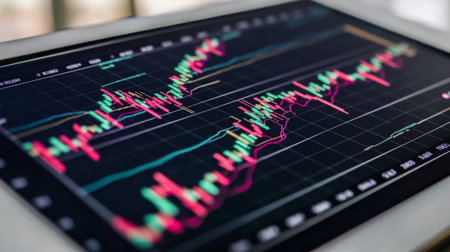Colorful financial chart displayed on a tablet screen, showcasing data trends and market analysis for traders and analysts in a modern workspace.の素材