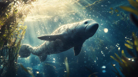 A gentle manatee glides through a sunlit underwater scene, showcasing the beauty of aquatic life. The tranquil environment invites exploration and admiration.の素材