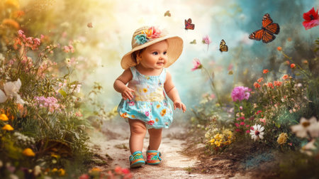 This charming image features a joyful baby girl in a flower garden, surrounded by colorful flowers and fluttering butterflies, embodying innocence and happiness.の素材