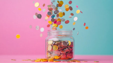 A vibrant scene featuring colorful coins falling into a clear glass jar against a pink and blue background, symbolizing savings, investment, and financial growth.の素材
