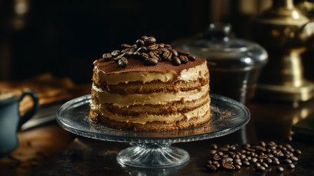 A mouth-watering coffee layer cake adorned with coffee beans, perfect for dessert lovers. Ideal for parties, gatherings, or a cozy afternoon treat.の素材