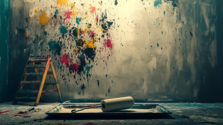A vibrant and colorful display of paint splashes on a wall, accompanied by a paint roller and ladder, showcasing the essence of artistic creation in a workspace.の素材