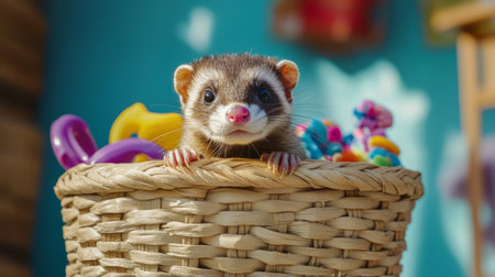 A curious ferret peeks out from a woven basket filled with colorful toys. This playful scene captures the joy and charm of small pets in a lively environment.の素材