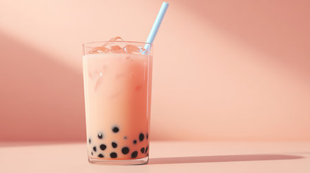 A vibrant glass of bubble tea filled with ice cubes and a straw, set against a soft pink background, perfect for showcasing refreshment and indulgence.の素材