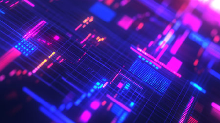 A vibrant abstract digital background featuring colorful neon lights and geometric patterns. Ideal for technology or creative projects.の素材