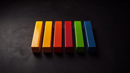 A striking arrangement of colorful rectangular shapes on a dark surface, highlighting their vibrant hues and simple yet modern design in a minimalistic style.の素材