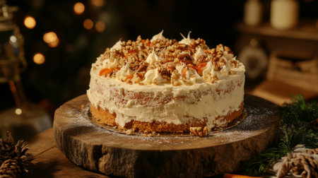 A mouthwatering cake topped with whipped cream and chopped nuts, perfect for celebrations and festive gatherings. Ideal for sweet indulgence.の素材
