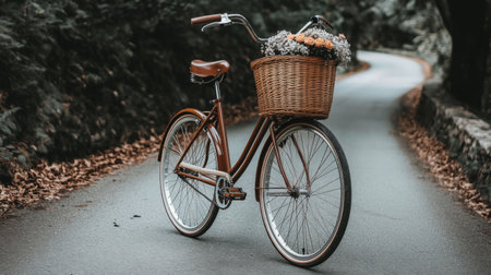 A charming vintage bicycle with a flower-filled basket sits on a winding road through lush greenery, perfect for a peaceful outdoor escape and leisurely rides.の素材