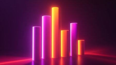 This vibrant neon bar graph against a dark background showcases colorful data visualization. It represents growth and performance in a modern, artistic style.の素材