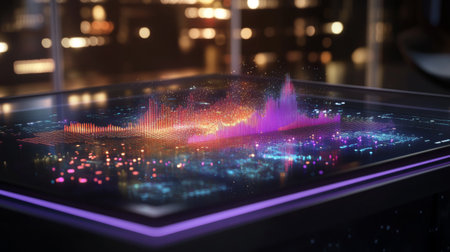 A stunning digital visualization showcases vibrant data patterns and signals on a sleek display, highlighting innovative technology and modern design elements.の素材